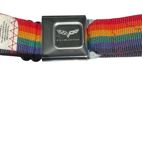 BUCKLE-DOWN SEAT BELT RAINBOW STRIPE ADJUSTABLE BELT WITH CORVETTE LOGO BUCKLE - Picture 8 of 9